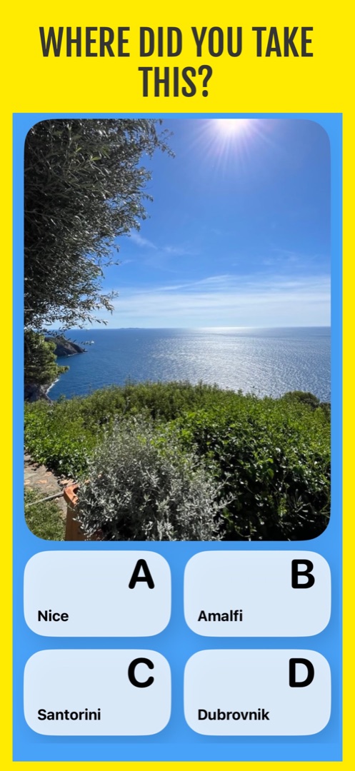 My Picture Quiz question screen: Where did you take this? Coastal photo with four city options