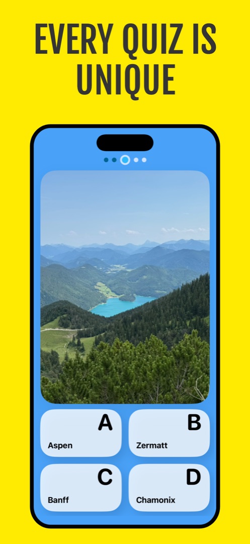 My Picture Quiz: Every quiz is unique. Mountain lake photo with four city options