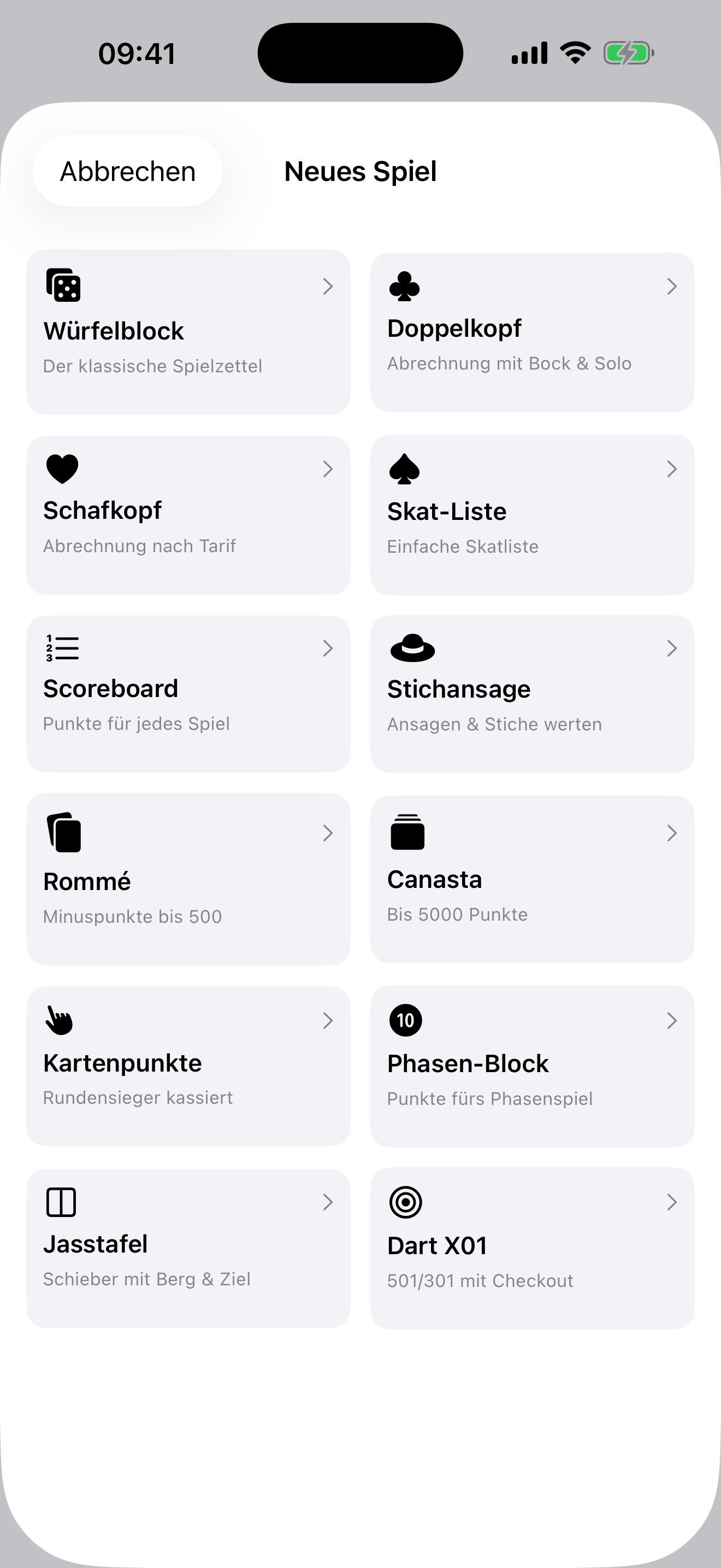 Spieleabend showing the selection of twelve game sheets